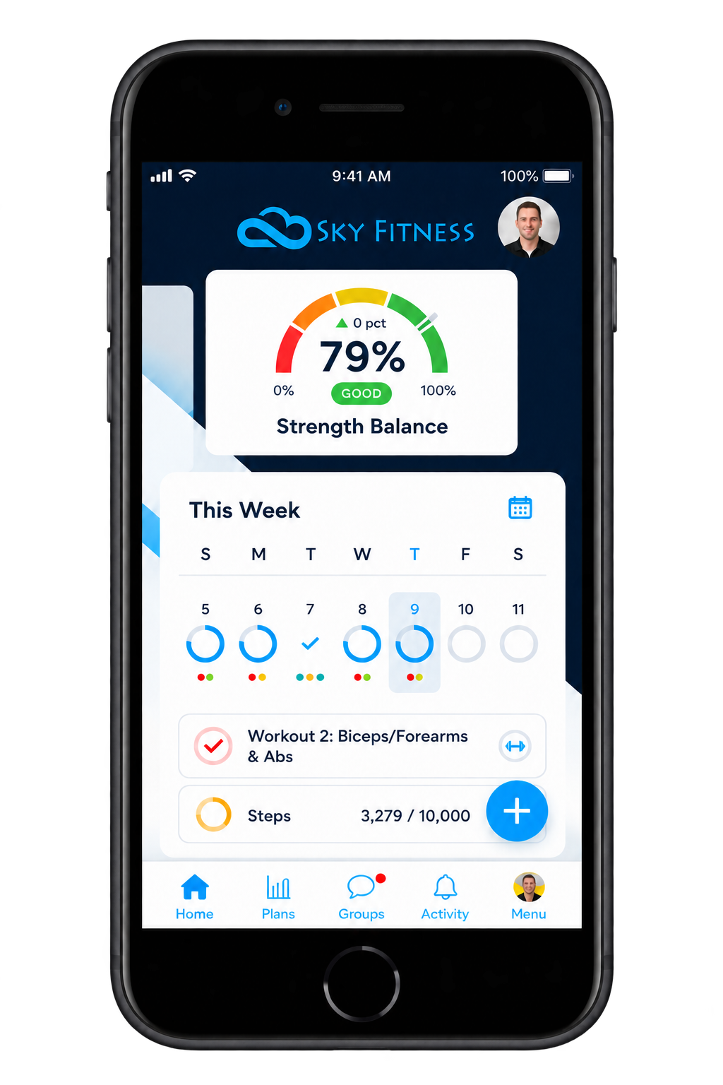 Sky Fitness dashboard displayed on an iPhone SE